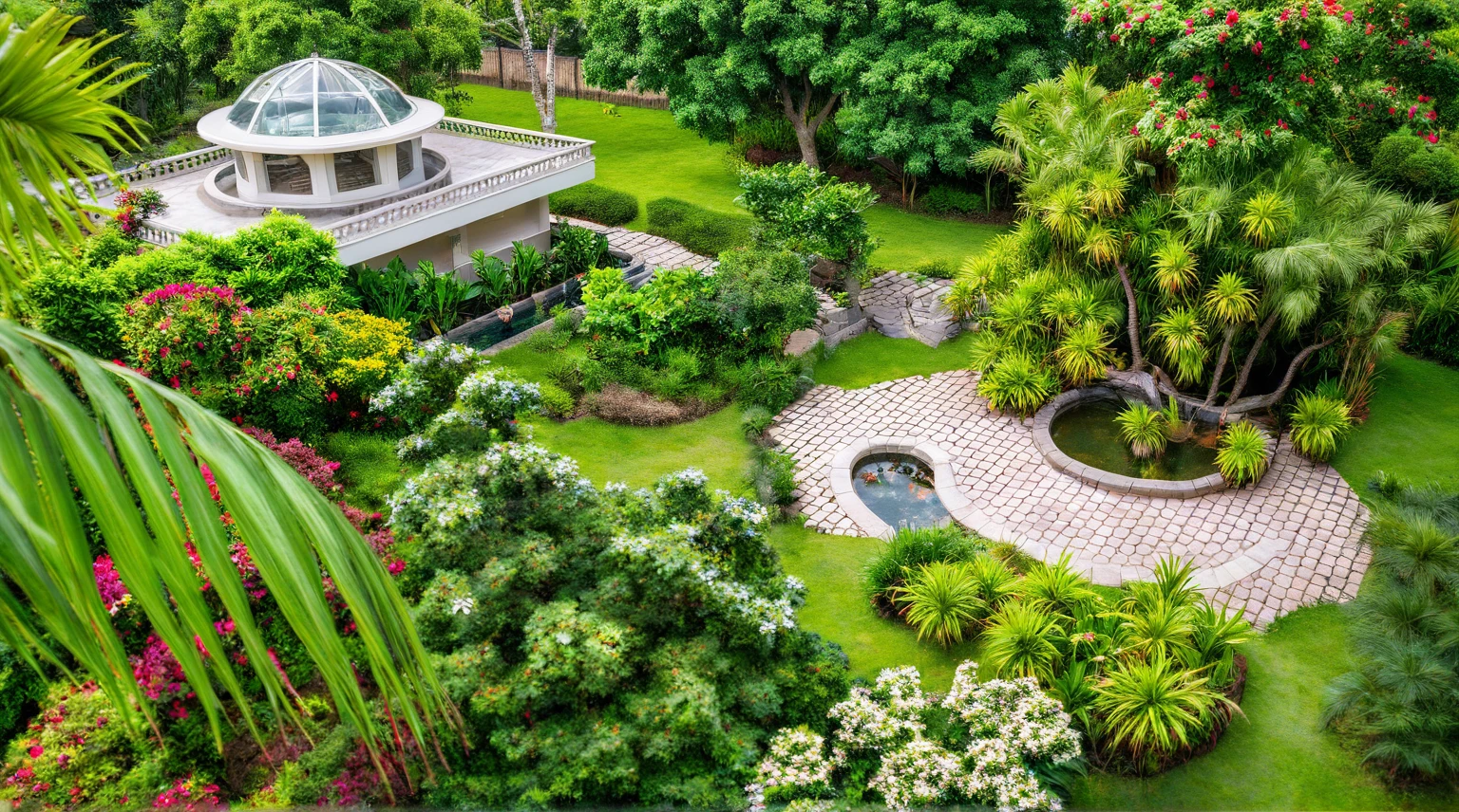 Moderntropicalgardern,aiaigroup, aerial view, outdoors, garden, tree, east asian architecture, rock, stone, flower, daylight,  house,Beautifully designed garden mandarin branches