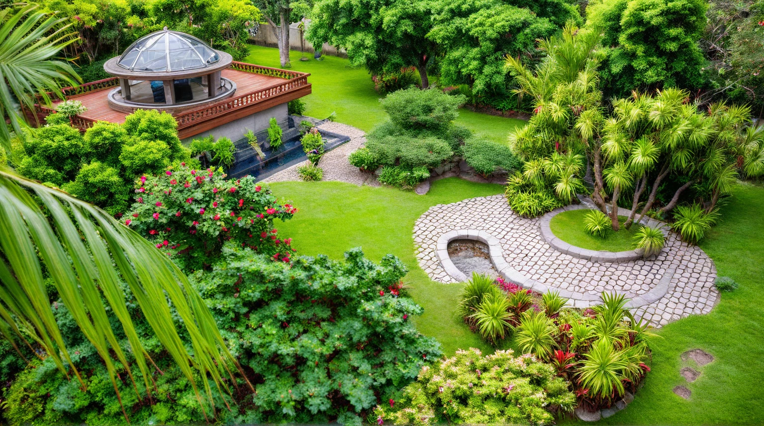 Moderntropicalgardern,aiaigroup, aerial view, outdoors, garden, tree, east asian architecture, rock, stone, flower, daylight, house,Beautifully designed garden mandarin branches