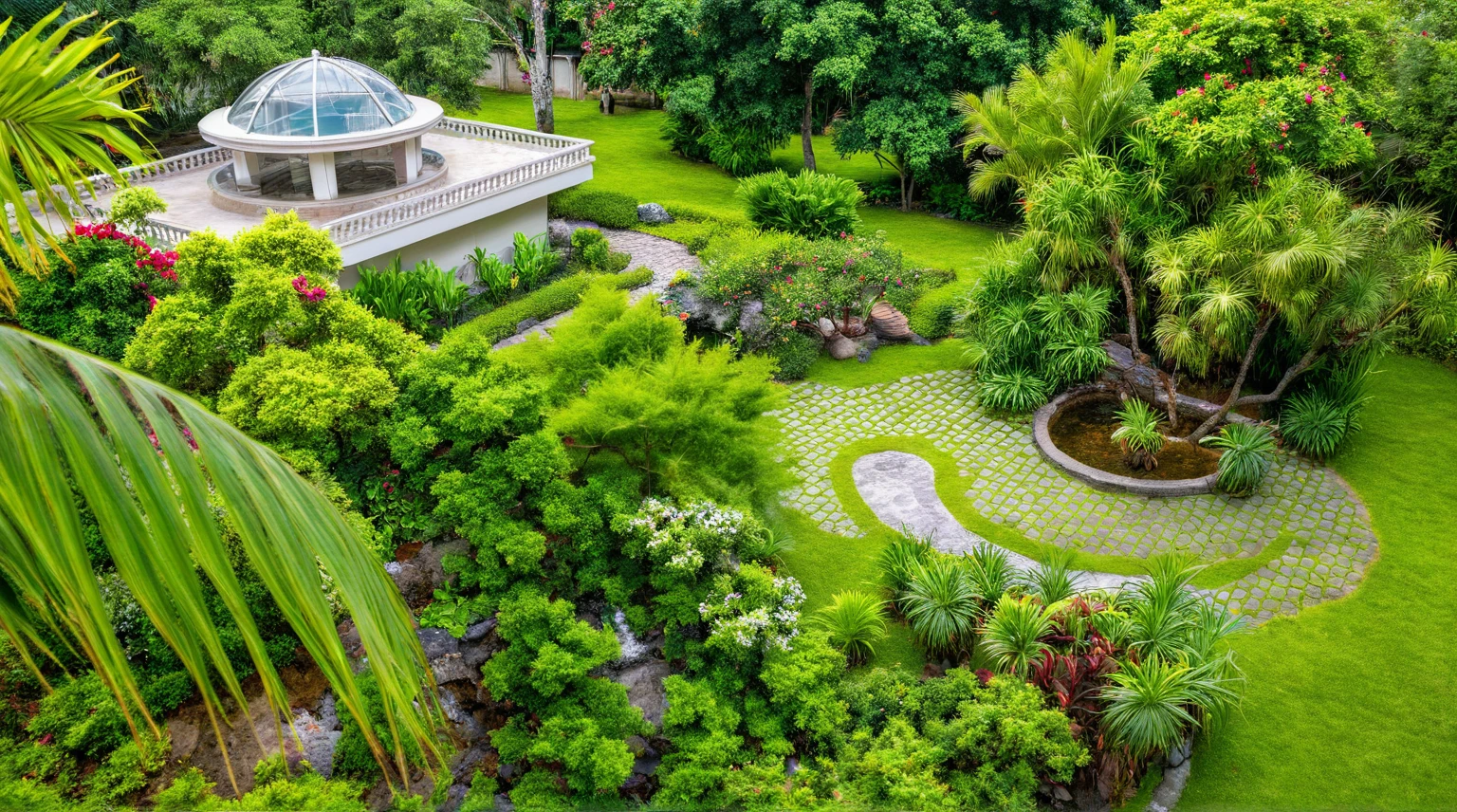 Moderntropicalgardern,aiaigroup, aerial view, outdoors, garden, tree, east asian architecture, rock, stone, flower, daylight, house,Beautifully designed garden mandarin branches
