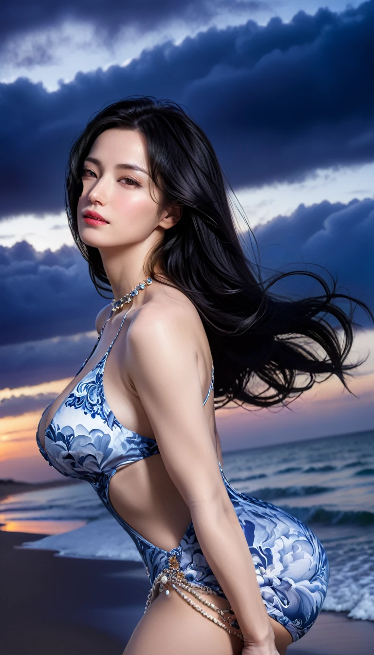 ((Masterpieces with up to 16K resolution:1.6)),Highest quality,it is really amazing,Very detailed,Ultra-high resolution,(Real:1.5),(Realistic:1.5),Increased depth of field,Cinematic Light,
Elegant mature woman,
Long black hair,(Exquisitely detailed face:1.5),Face with a gentle expression,Translucent white skin,Very sensitive skin,Great proportions,Anatomically correct body,
Elegant high leg swimsuit,Artistic design,Beautiful and detailed pattern,Detailed fabric texture,Gorgeous necklace,
Coastal landscape at dusk,Dark clouds and dark sky,delay々Continuing sandy beach, Deserted Beach,Dark sea surface,
(Dramatic Angle:1.5),