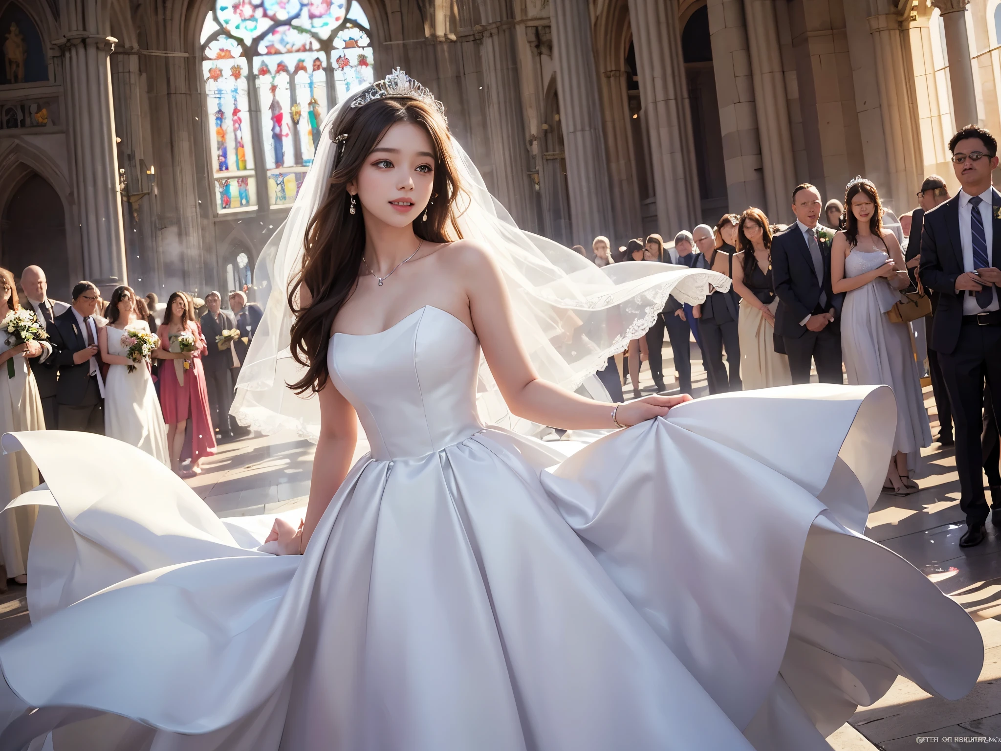 best quality, masterpiece, 1 girl, long hair, huge laugh, cute , shiny lips, sweet, sun glare, Conservative attire, wedding dress, bridal tiara, depth of field, blurred background, Cathedral Background, light particles, strong wind, head tilt
