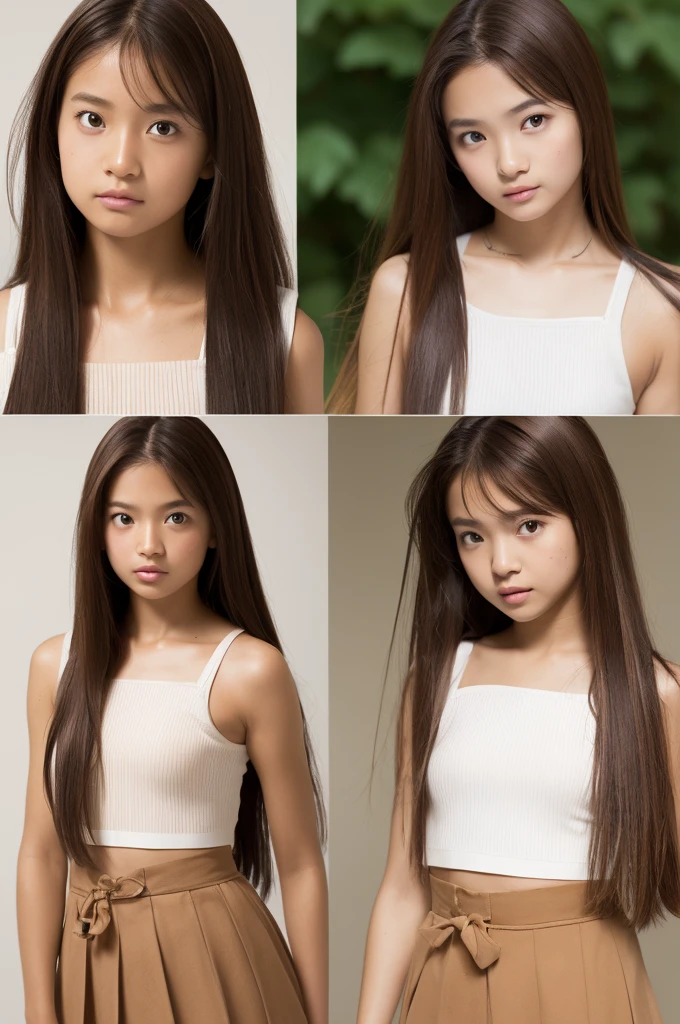 A filipina young girl, tanned skinned, teen baby face, long straight messy hair, random pose、top-quality、A high resolution、(Photorealsitic:1.5), seductive skirt、(Brown hair:1.2)、(flat chested:1.2)、Classroom、looking at viewert、a closeup、full body Esbian、Nasty eyes, seducing viewer