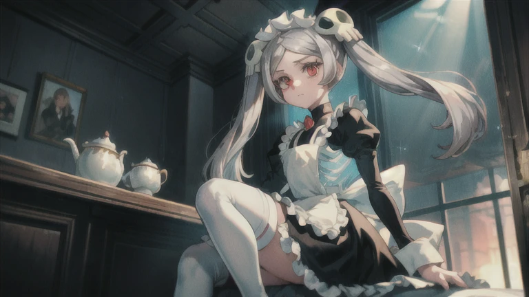 1girl, solo, indoors, skg_marie, maid, maid apron, maid headdress, twin tails, skull hair ornament, mary janes, white thighhighs, juliet sleeves, light rays, glow, (masterpiece), wallpaper, 1girl, solo, skg_marie, maid, maid apron, maid headdress, twin tails, skull hair ornament, red brooch, juliet sleeves, light rays, glow, (masterpiece), highlight thighs, cool p
