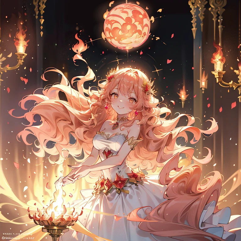  (masterpiece, Extremely detailed, exquisite, beautiful, Full HD, High resolution, disorganized), fairy woman, fire dress base,((Fire motif dress)), Giant fairy wings,((smile,Excited, grin)), dynamic angle,floating, put your left hand on your waist, right hand holding fire,looking at the viewer, golden eyes, Big eyes, sunburned skin, slim, ruby earrings, Ruby Choker, (white and red ball gown dress:1.1, Fire motif dress,ruby decoration), (bob, wavy pink hair,The ends of my hair are on fire:1.2 ),fantasy, romantic academia,  cinematic lighting, volume lighting, dynamic lighting,soft edge, soft lines,dynamic angle, dramatic lighting, warm lighting, soft lighting, Depth of the bounds written, fantasy, beautiful, dreamy atmosphere, Backlight,Shiny Hair,Shiny Skin,god々Shining light,Particles floating in the air,Glowing particles,Curly hair,Glamorous Body,Beauty,