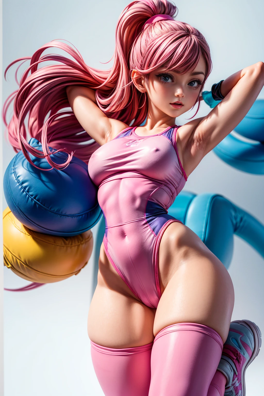 1980s Aerobics Style、High leg leotard、Colored tights、Vivid Color、sneakers、Detailed picture、girl、25-year-old woman、Dynamic and lively pose、Crotch line、Erect nipples