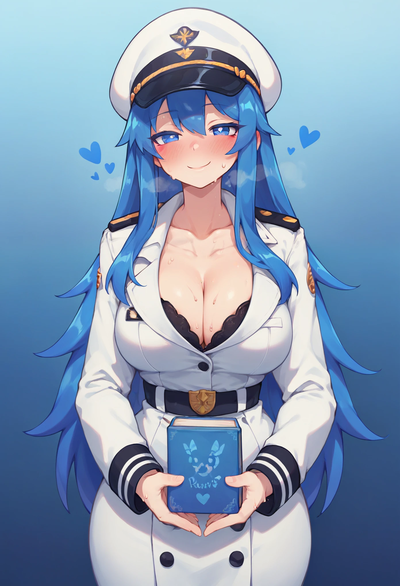Score_9,score_8_up,score_7_up,solo,1girl,half-closed eyes,long hair,blue hair, breasts,cleavage,curvy,sweat,blush,looking at viewer,seductive smile,colored eyes,military hat,white uniform,holding book,cartoonized,too many hearts,graffiti,blue theme,gradient background,
