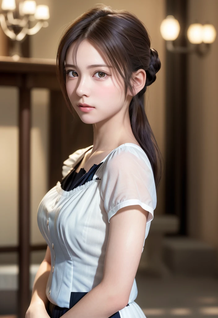 8K, of the highest quality, masutepiece:1.2), (Realistic, Photorealsitic:1.37), of the highest quality, masutepiece, Beautiful young woman, Pensive expression, Thoughtful look, Cute Maid Clothes, Hair tied back, Messy mood, Cinematic background, Light skin tone