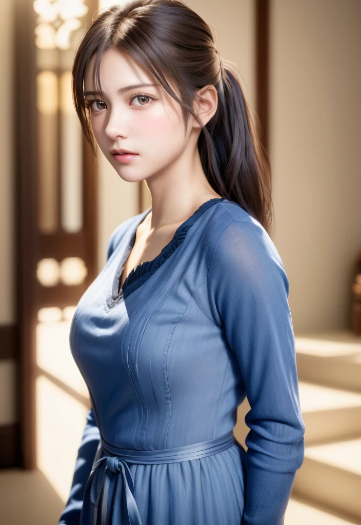 8K, of the highest quality, masutepiece:1.2), (Realistic, Photorealsitic:1.37), of the highest quality, masutepiece, Beautiful young woman, Pensive expression, Thoughtful look, Cute Maid Clothes, Hair tied back, Messy mood, Cinematic background, Light skin tone