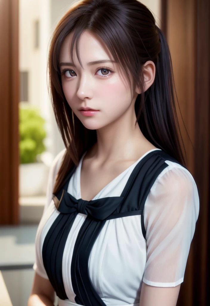 8K, of the highest quality, masutepiece:1.2), (Realistic, Photorealsitic:1.37), of the highest quality, masutepiece, Beautiful young woman, Pensive expression, Thoughtful look, Cute Maid Clothes, Hair tied back, Messy mood, Cinematic background, Light skin tone