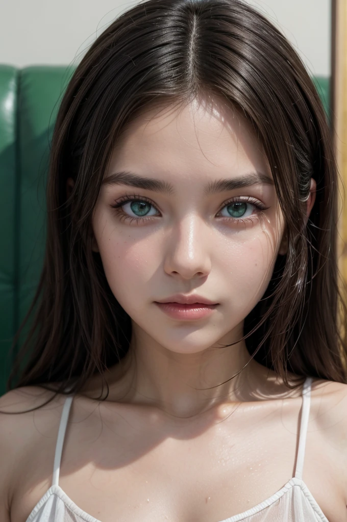 a young girl, big green eyes, round face, small nose, big lips, long purple hair, long eyelashes, pale skin, red cheeks, 16k, 8k, highres, best quality, award winning, high quality, high details, super detail, textured skin, anatomically correct, masterpiece, accurate