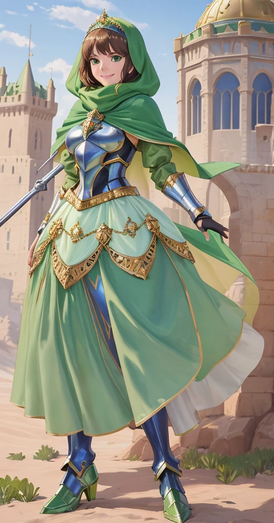 masterpiece, best quality:1.2), 1girl, smile, looking at viewer, green eyes, short brown hair, princess, armor, blue hijab headscarf, pauldrons, armored dress, green cloak cape, wearing puffy blue ballgown skirt, golden tiara with green gem, armored boots, fingerless gloves, standing in front of desert castle