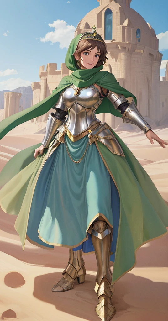 masterpiece, best quality:1.2), 1girl, smile, looking at viewer, green eyes, short brown hair, princess, armor, blue hijab headscarf, pauldrons, armored dress, green cloak cape, wearing puffy blue ballgown skirt, golden tiara with green gem, armored boots, fingerless gloves, standing in front of desert castle
