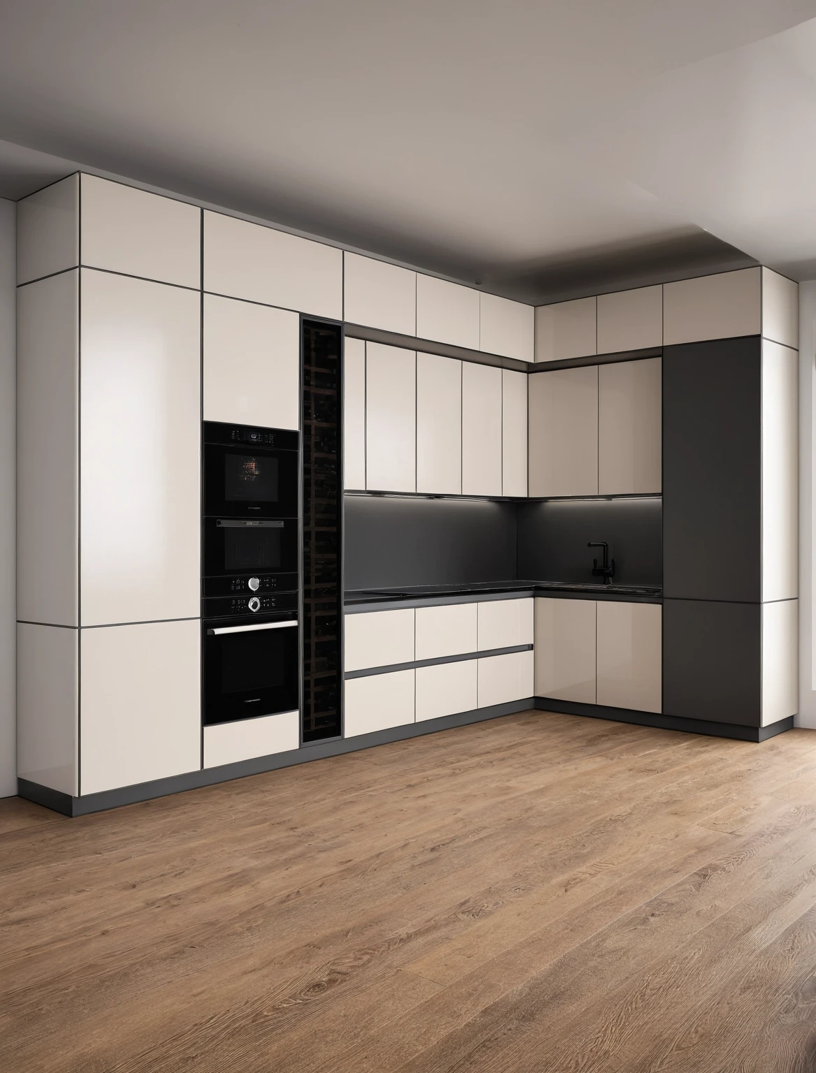 Raw photo,Masterpiece, high quality, best quality, authentic, super detail, interior , sunset, daylight, Kitchen Cabinets style modern, Induction cooker, sink, faucet, oven, built-in microwave, wooden floor, hood, wine cabinet, ((black tones))