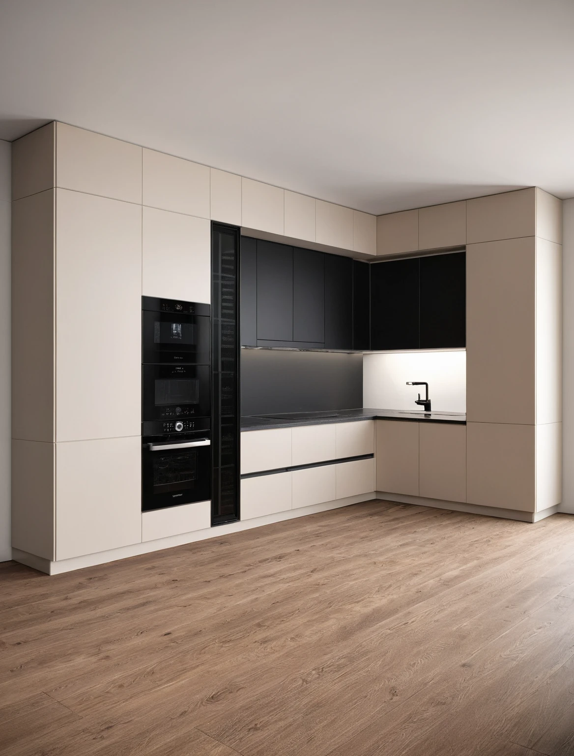 Raw photo,Masterpiece, high quality, best quality, authentic, super detail, interior , sunset, daylight, Kitchen Cabinets style modern, Induction cooker, sink, faucet, oven, built-in microwave, wooden floor, hood, wine cabinet, ((black tones))
