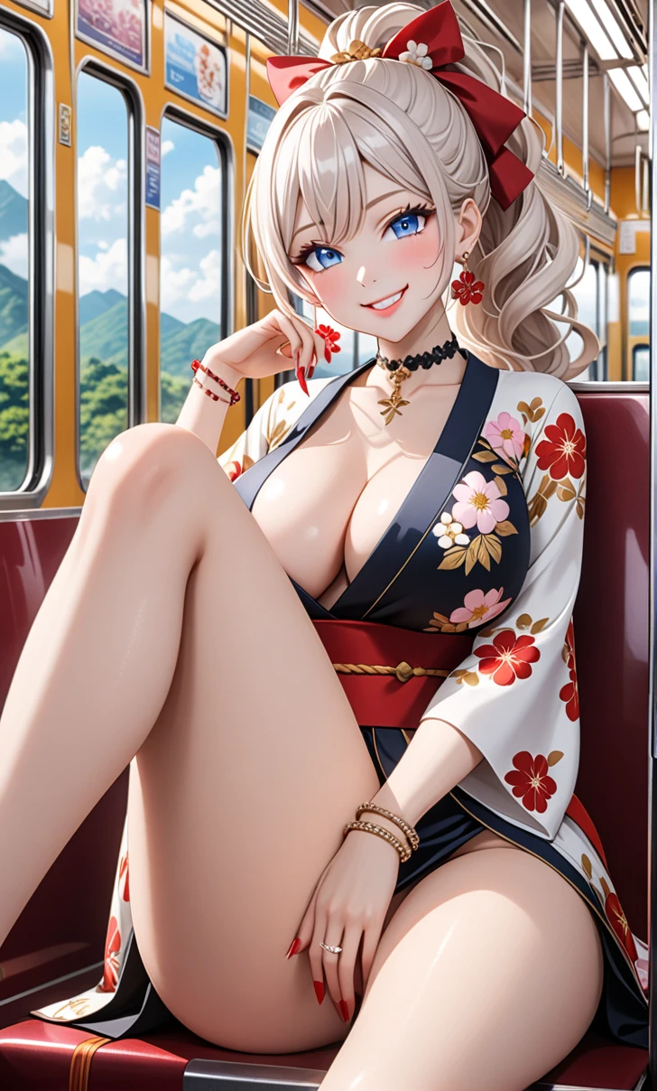 ultra-detailed, ((one girl)), (pale skin:1.3), in pastel colors gyaru, hyper detailed, absurdres, 8K, fair skin, Beautiful Face, (heavy makeup),  (Laugh shyly), ((teasing smile:1.8)), ((Wink:1.6)), (Laugh with your mouth wide open),((Tilt your head:1.6)), View your viewers, ((Bright red cheeks:1.6)),Glossy Red Lips, ((blue eyes)), ((Big Breasts:1.5)), (show off breast), noon, on the train,  ((Anime style background)),masterpiece, Highest quality, so beautiful,Latest, Complex details, (Pink long nails), (nail art), (ring),(bracelet), (Floral choker),AI-generated, Complex,High resolution, Highest quality, super high quality,3D Images、3D Images,One person,long white hair,(High Ponytail), (wavy hair:1.1), Anime woman posing for a photo, ((Fine grain、blue eyes、glowing eyes:1.4)), (Squint your eyes:1.1),a hyperRealistic , hyperRealistic , Realistic,Anime woman with long white, Smooth anime CG art, Girl in black kimono, Gold embroidery, ((black furisode)),(Large floral pattern)  Long flower hair ornament,Floral Earrings,Mature Body, tall,Abdominal muscles,Narrow waist,((Sit in your seat:)), ((Crossing your legs:1.5)), ((Shooting from below at an angle)),