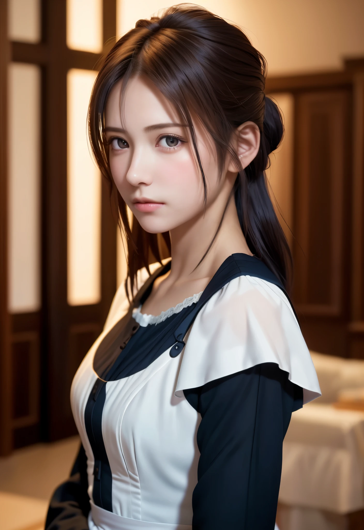 8K, of the highest quality, masutepiece:1.2), (Realistic, Photorealsitic:1.37), of the highest quality, masutepiece, Beautiful young woman, Pensive expression, Thoughtful look, Cute Maid Clothes, Hair tied back, Messy mood, Cinematic background, Tired, Light skin tone