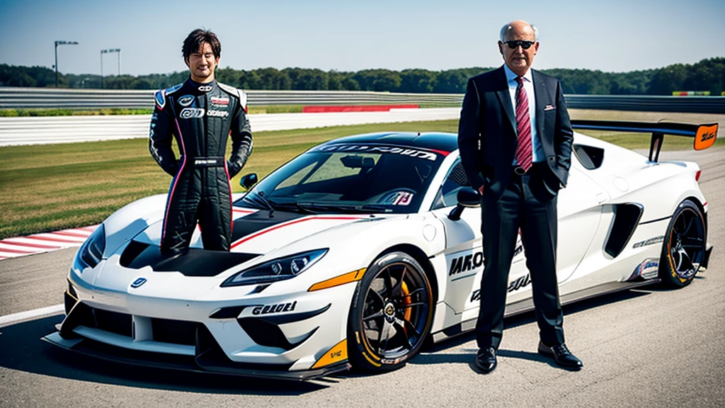 sports car、Old cars、Japanese、Two very different drivers、Racing Suits、Stand next to the car、Circuit、Photorealistic、