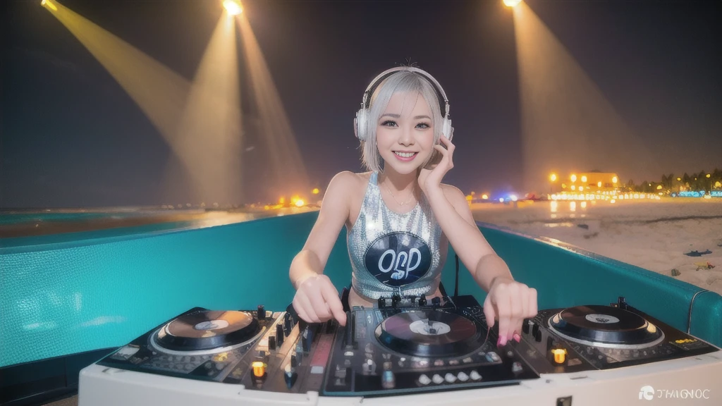 (ultra - detailed, 16K resolution, Cinema lenses, rendering by octane), (high resolution:1.18), intricate detail, (masterpiece:1.1), (highest quality:1.1), (1girl, portrait, white hair, blue eyes, short hair, detailed eyes),Wearing silver DJ headphones, Shiny silver sequined T-shirt, (in the beach:1.5), (Iconic hip-hop pop costumes:1.3), Smile while DJing on stage, DJ studio next to the beach, ((A stylish DJ stage on a hill overlooking the beach)), full body shot, Photorealistic photography by Sunshine, (cute round face:1.3), perfect fingers, five fingers, beautiful hands, perfect hands. master peace, cute smile.