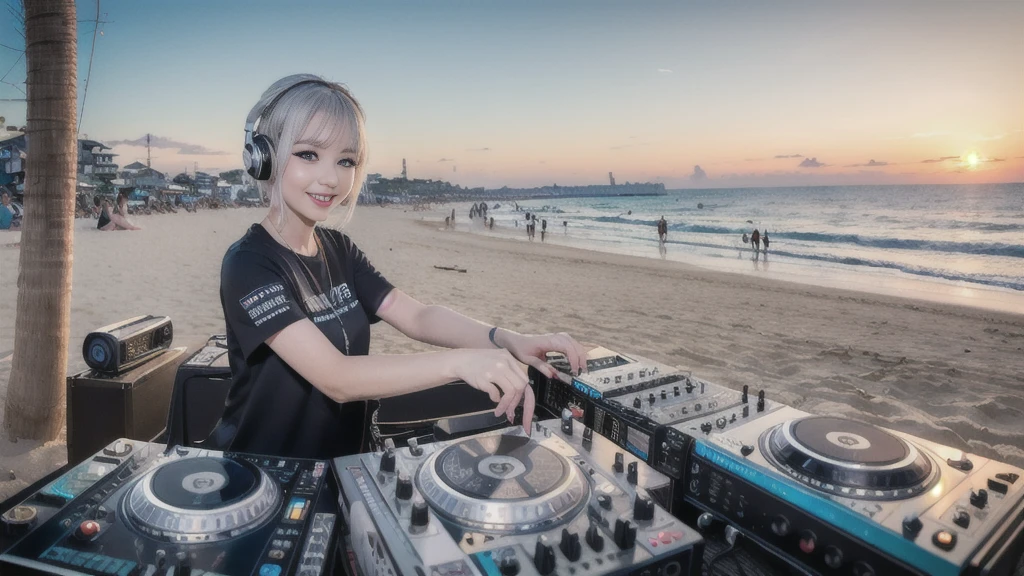 (ultra - detailed, 16K resolution, Cinema lenses, rendering by octane), (high resolution:1.18), intricate detail, (masterpiece:1.1), (highest quality:1.1), (1girl, portrait, white hair, blue eyes, short hair, detailed eyes),Wearing silver DJ headphones, Shiny silver sequined T-shirt, (in the beach:1.5), (Iconic hip-hop pop costumes:1.3), Smile while DJing on stage, DJ studio next to the beach, ((A stylish DJ stage on a hill overlooking the beach)), full body shot, Photorealistic photography by Sunshine, (cute round face:1.3), perfect fingers, five fingers, beautiful hands, perfect hands. master peace, cute smile.