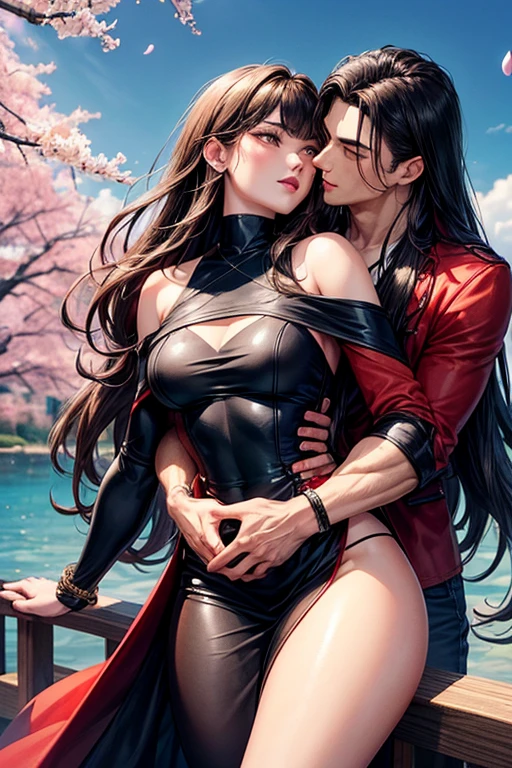 Young man, attractive, muscular, Marked body, BROWN SKIN, yellow eyes, handsome, wears a bright red jacket, dark denim jeans, black hair, written with wide flequillos, military court, (He is hugging a beautiful woman about to kiss her, long hair in gray waves, caramel brown eyes, small nose, Red lips, blushing cheeks, well proportioned body, wearing a beautiful black and red dress, eastern court, with a bouquet of cherry blossoms in her hair) in the background a full moon, a Japanese castle and cherry blossom trees with petals flying in the wind