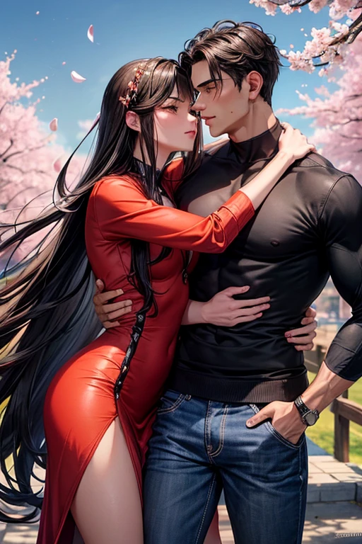 Young man, attractive, muscular, Marked body, BROWN SKIN, yellow eyes, handsome, wears a bright red jacket, dark denim jeans, black hair, written with wide flequillos, military court, (He is hugging a beautiful woman about to kiss her, long hair in gray waves, caramel brown eyes, small nose, Red lips, blushing cheeks, well proportioned body, wearing a beautiful black and red dress, eastern court, with a bouquet of cherry blossoms in her hair) in the background a full moon, a Japanese castle and cherry blossom trees with petals flying in the wind