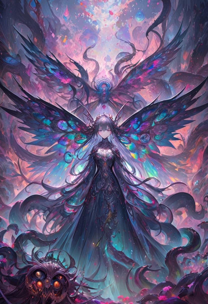 A shimmering entity, simultaneously ethereal and eldritch, the fairylike lovecraftian quantum cruiser glows with otherworldly hues, tentacles morphing into delicate wings as it traverses the void. This surreal being is the main focus of an acrylic painting, capturing the essence of cosmic horror intertwined with fantastical beauty. The intricate details and vibrant colors leap off the canvas, creating an immersive and captivating visual experience. anime girl