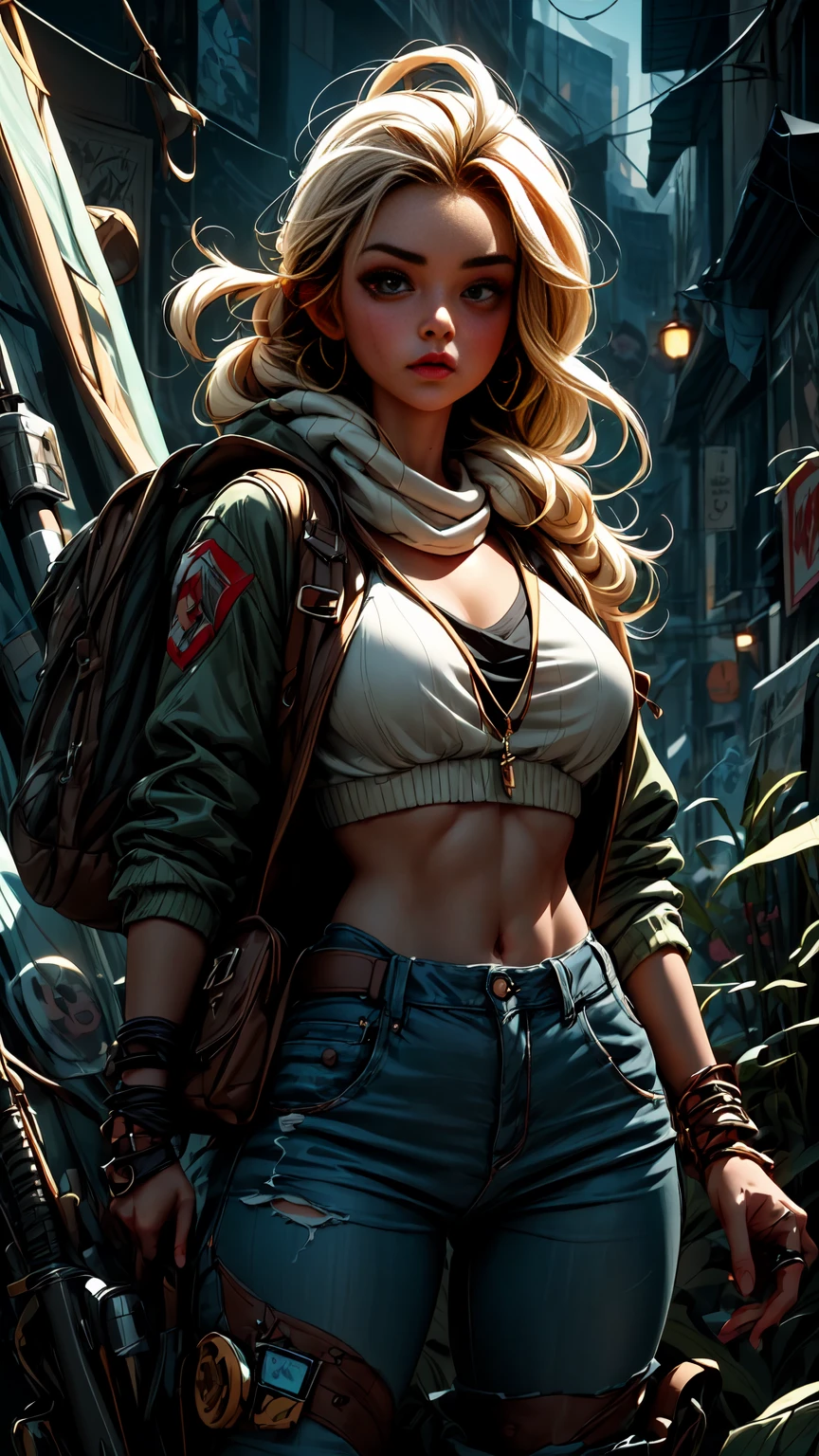 A post-apocalyptic warrior, a 35-year-old nearly naked woman in the style of Simon Bisley for the cover of Heavy Metal magazine, top de cuero rojo, half black half white hair, minimal clothing, short clothes, detailed face and body, dramatic lighting, vibrant colors, dystopian, gritty, cinematic, masterpiece, hyper detailed, ultra realistic, 8k, highly detailed