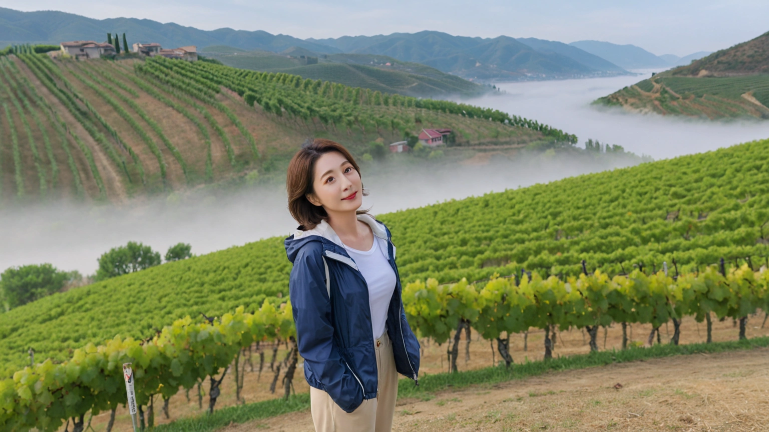 8k best picture quality, Beautiful 36-year-old Korean woman, You have good skin and big and pretty eyes.... Chest size 34 inches, italian countryside, Passing the grapevine, A river can be seen in the distance through thick fog...., The background is realistic and vivid quality...., Short and medium hair blowing in the wind, Wear a high-end, luxury windbreaker over your t-shirt.. beige casual pants, i am smiling. Standing on a hill overlooking a misty vineyard. the background is clear, Short and slim Korean woman, stand far away, Full body photo taken with Canon Mark 5 camera 16-35 wide angle lens, A woman with big and pretty eyes, eyes are round and big. Taken while standing on a hill overlooking the river