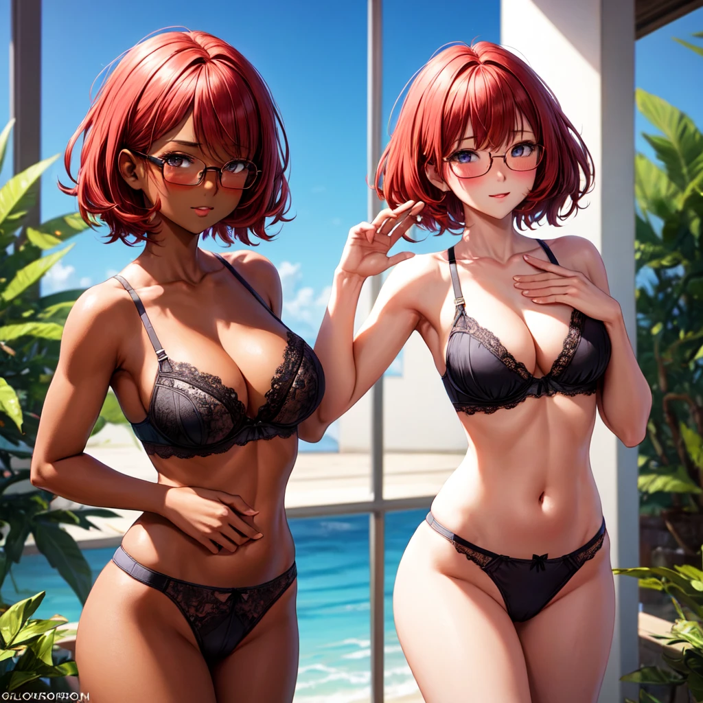 dark skin, short hair, red hair, fit body, lingerie, honeymoon, blushed, glasses, shocker, busty.