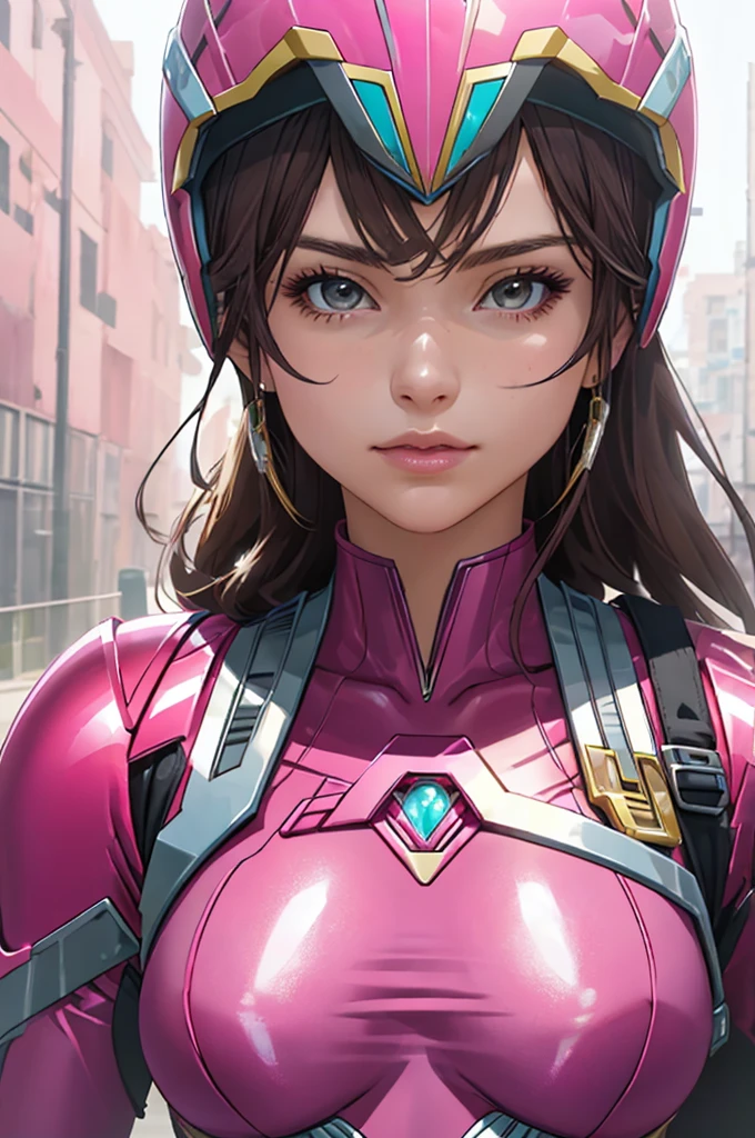 girl, 8K, Ultra-high resolution, Highest quality, masterpiece, Realistic, RAW images, perspective, Five fingers, Depth of written boundary, (Dressed as the Pink Power Ranger), Huge breasts:1.4, Bodysuits, armor, (Super Sentai), Full Face Helmets, Pink Phoenix