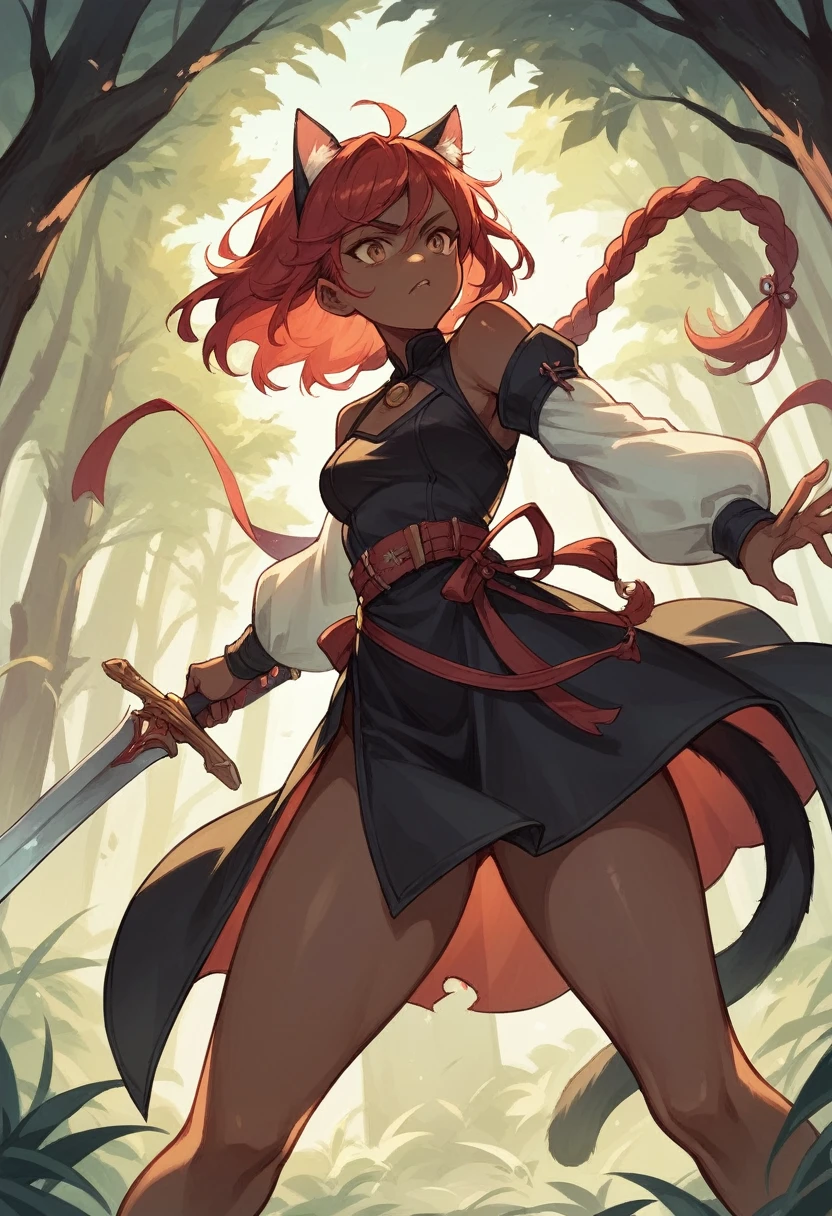 brown skin girl,Cat's ears,red hair color,wearing a black dress with white sleeves,at a forest,wielding a sword