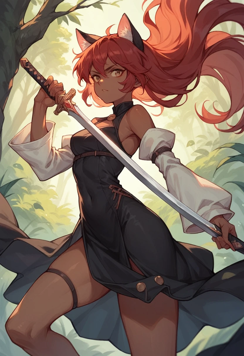 brown skin girl,Cat's ears,red hair color,wearing a black dress with white sleeves,at a forest,wielding a sword
