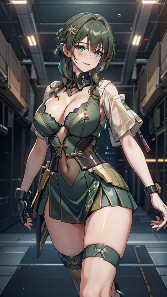 Military green translucent armor，Arm mecha，light blue short hair，Braided hairstyle，Large Breasts，Cleavage，Pistol hanging from waist，fighter pilot，fighter hangar，Sexy，Lipstick，miss，Golden Eyes，stockings，Short skirt，Smile