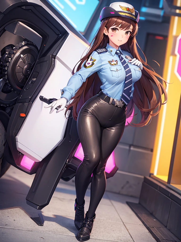 officer dva, solo girl, medium breast, wide hips, thighs, full body, leather pants