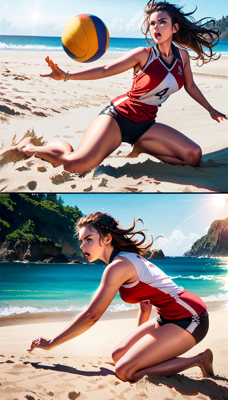 a beautiful woman playing beach volleyball, throwing herself on the sand after the ball, dynamic action, fierce expression, comic book style, cinematic lighting, highly detailed, 8k, photorealistic, (best quality:1.2), (cinematic lighting:1.3), (action pose:1.2), (dynamic:1.2), (fierceness:1.2), (sports:1.2), beach, sand, ocean, volleyball, ball, beach volleyball sports uniform