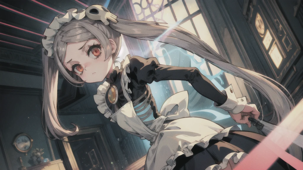 1girl, solo, indoors, skg_marie, maid, maid apron, maid headdress, twin tails, skull hair ornament, mary janes, white thighhighs, juliet sleeves, light rays, glow, (masterpiece), wallpaper, 1girl, solo, skg_marie, maid, maid apron, maid headdress, twin tails, skull hair ornament, red brooch, juliet sleeves, light rays, glow, (masterpiece), highlight thighs, cool pose