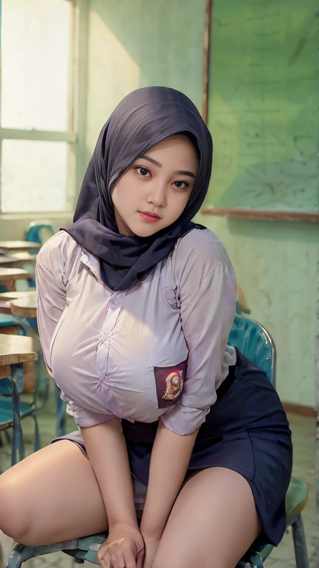 RAW, Best quality, high resolution, masterpiece: 1.3), Beautiful young indonesian girl, seductive pose,showing breast, open legs showing vagina, sensual body, on a top of chair of class room,  ((senior high school clothes)), orgasm, highres, 4k, HDR, 1girl, photorealistic, realistic, big breasts, ((whole body)) turning away facial at viewer, closeup, class-room, misty, hijab