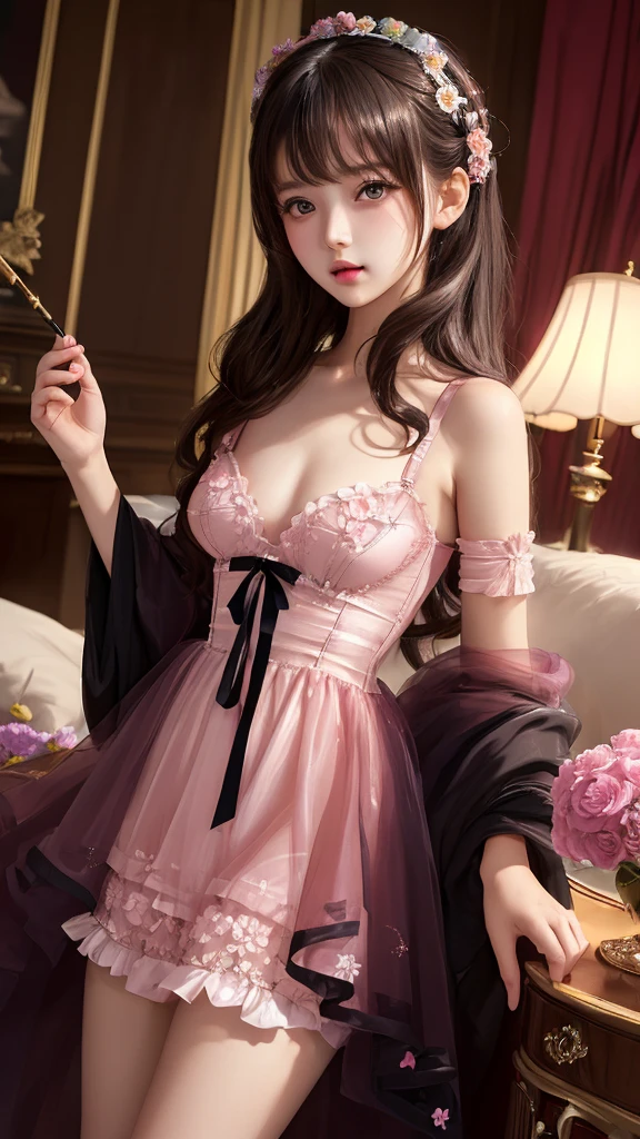 (((flat chest))),((1 girl)),((solo)),((highest quality)), (masterpiece),((High resolution)),beautiful girl,model,Japanese, Single-lens reflex camera, Transparent Pink Lolita dressurious study,flower luxury decoration,pink underwear,movie lighting