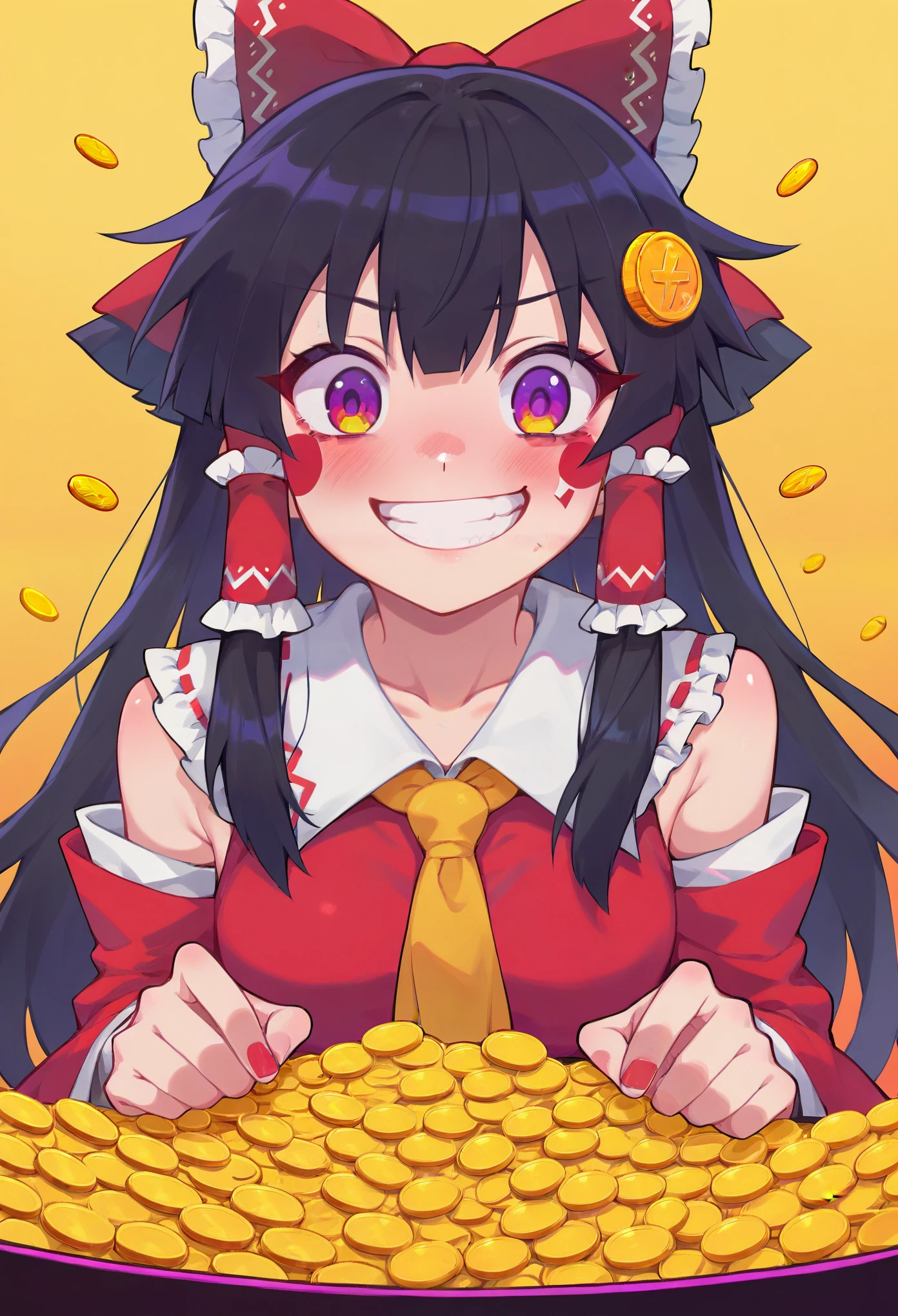 Score_9,score_8_up,score_7_up,solo,1girl, curvy,blush,grin,kind_smile,looking at viewer,crazy smile,(with the gold coin),hakurei reimu \(cosplay\),cartoonized,gradient background,