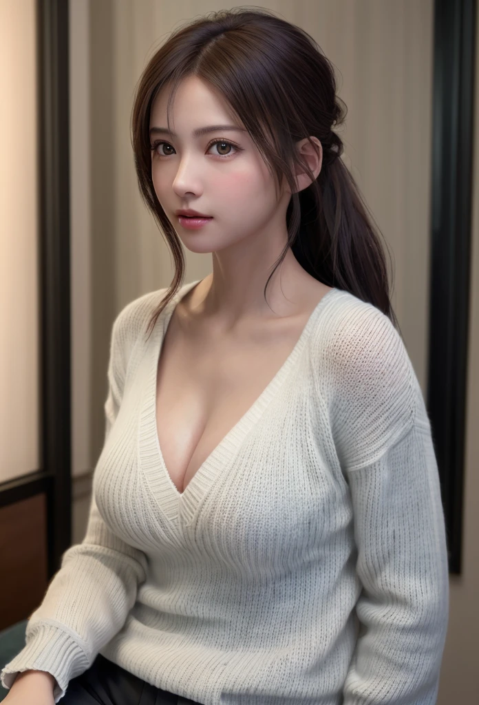 8K, of the highest quality, masutepiece:1.2), (Realistic, Photorealsitic:1.37), of the highest quality, masutepiece, Beautiful young woman, Pensive expression,、A charming、and an inviting look, Oversized knitwear、cleavage of the breast, Hair tied back, Cinematic background, Light skin tone