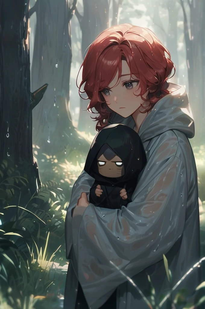 ((Лучшее качество)), ((шедевр)), (подробный), 1 boyfriend, 1 girl, guy short dark hair, brown eyes, black robe, hood, hood on his head, wet clothes, girl long red voluminous hair, red hair, hair color red, gray eyes, light robe, hood on his head, wet clothes, forest, grass, it's raining, hugging each other a friend