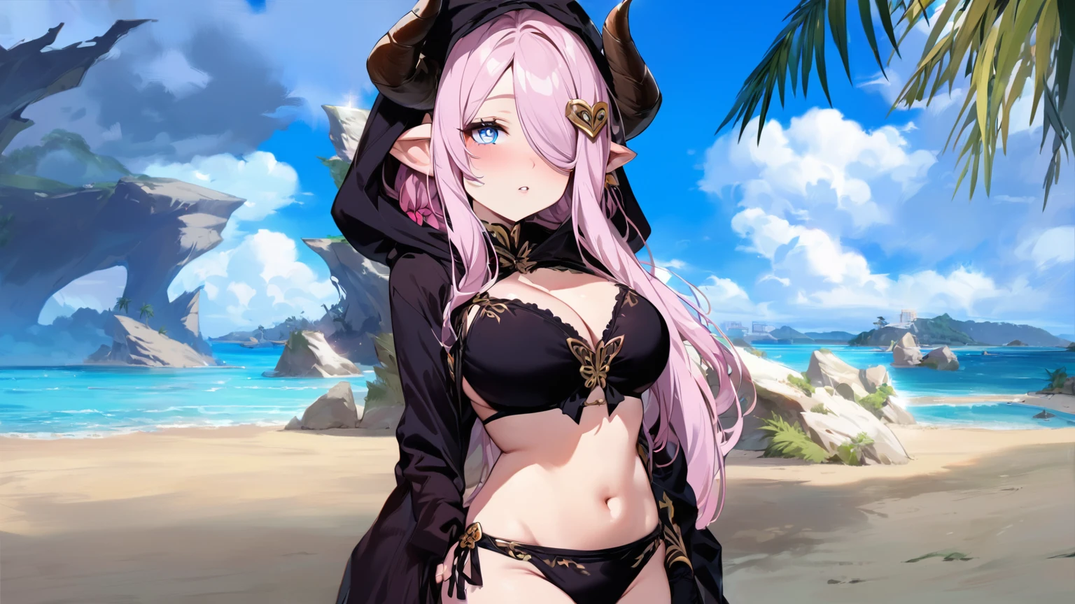 Vibrant, high-definition anime-style illustration set on a tropical beach. The layout features a central female character, Narmaya, with long pink hair, partially covered by a hooded cloak adorned with brown horns. She has fair skin, large expressive blue eyes and pink pupils, and a small blue butterfly hair clip. One eye is covered by her hair. The character is wearing a revealing black bikini with gold accents, and her hands are holding the edges of her cloak. The background showcases a pristine beach with white sand, lush green foliage, and tall palm trees. The clear blue sky and turquoise ocean complete the idyllic setting, with distant islands visible on the horizon. Narmaya and her attire are meticulously detailed. The intense effort put into shading brings this image to a realistic style. Gorgeous vibrant colors draw the eye. Narmaya's suggestive stance brings the viewers focus to her large and perfectly shaped breasts.
(masterpiece), best quality, expressive eyes, perfect face, suggestive pose, purple and pink background, seductive, fantasy, 8k, absurdres, narmaya, pink hair, blue eye with pink pupil, hair over eye, draph, horns, butterfly hair clip, black bikini, hood, defined hands, perfect hands, perfect fingers,