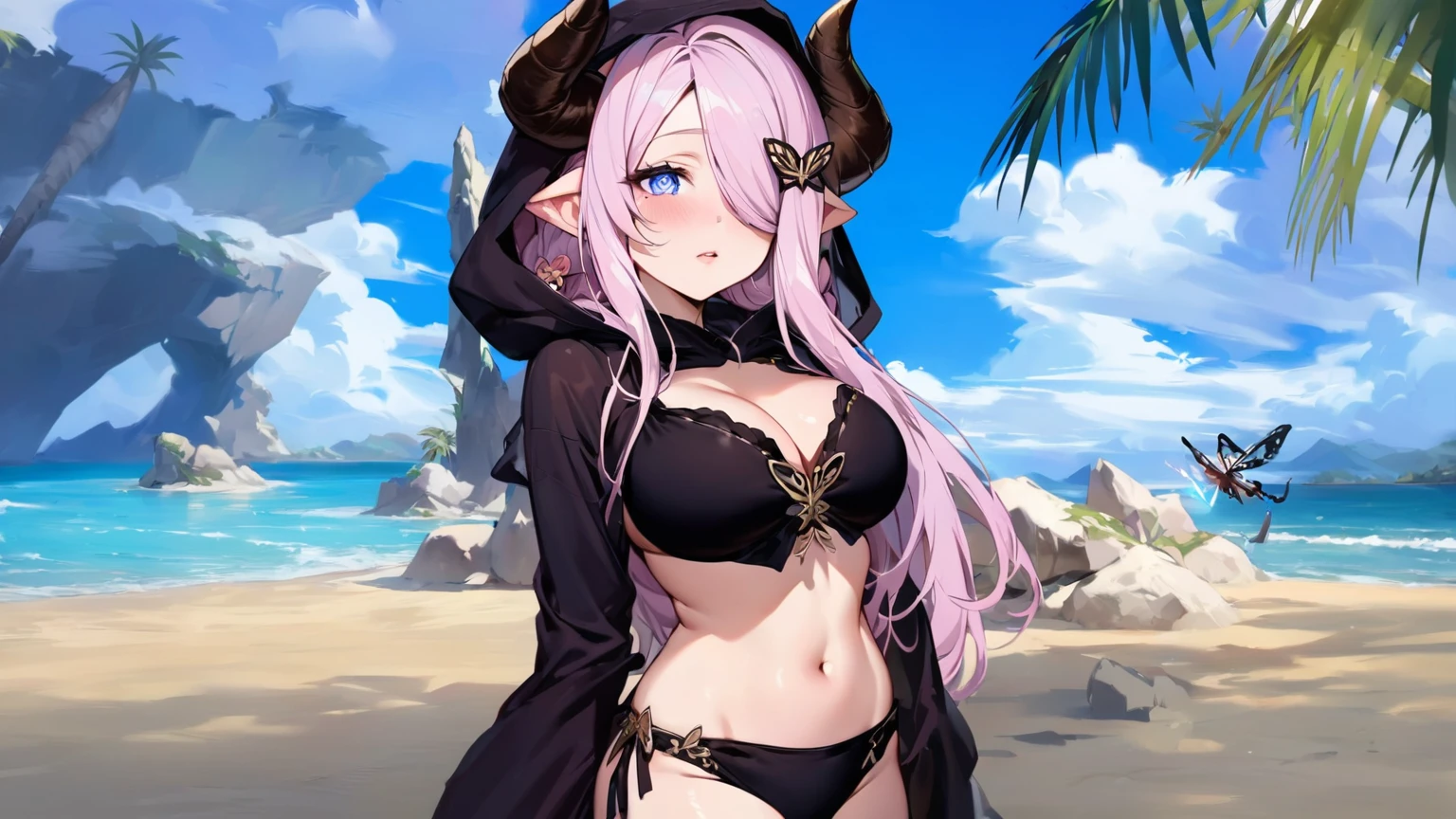 Vibrant, high-definition anime-style illustration set on a tropical beach. The layout features a central female character, Narmaya, with long pink hair, partially covered by a hooded cloak adorned with brown horns. She has fair skin, large expressive blue eyes and pink pupils, and a small blue butterfly hair clip. One eye is covered by her hair. The character is wearing a revealing black bikini with gold accents, and her hands are holding the edges of her cloak. The background showcases a pristine beach with white sand, lush green foliage, and tall palm trees. The clear blue sky and turquoise ocean complete the idyllic setting, with distant islands visible on the horizon. Narmaya and her attire are meticulously detailed. The intense effort put into shading brings this image to a realistic style. Gorgeous vibrant colors draw the eye. Narmaya's suggestive stance brings the viewers focus to her large and perfectly shaped breasts.
(masterpiece), best quality, expressive eyes, perfect face, suggestive pose, purple and pink background, seductive, fantasy, 8k, absurdres, narmaya, pink hair, blue eye with pink pupil, hair over eye, draph, horns, butterfly hair clip, black bikini, hood, defined hands, perfect hands, perfect fingers,