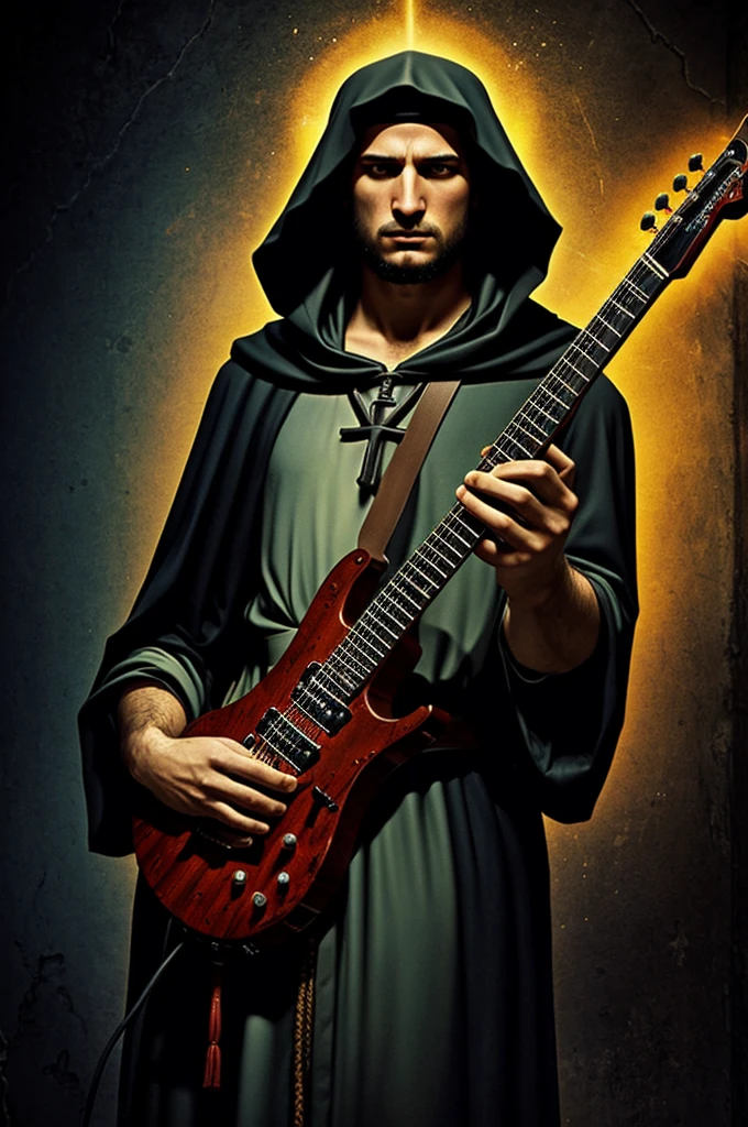 blasphemous game penitent with an electric guitar in his hands above have mercy on blasphemous with pixelated style