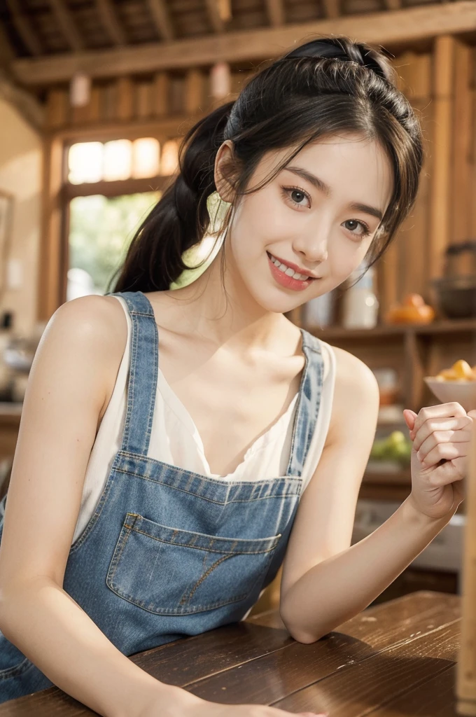 (((best quality))),(((ultra detailed))),(((masterpiece))),illustration,((1 beautiful young girl,solo)),((slim,thin)),((small breasts,flat chest)),(short ponytail:1.2),(laughing:1.2),stunning, radiant complexion, mesmerizing eyes,((sheer apron,bare arms)),frilly, domesticity, playfulness, colorful patches, vegetables, cooking utensils, whimsical,delicate features, gentle smile, perfectly aligned teeth, contentment, warmth, friendliness, vibrant atmosphere, bustling,barbecue restaurant, wooden panels, hanging plants, cozy, earthy feel, scent of sizzling meats, spices, patrons, tables, meals, laughter, lively ambiance, gleaming wooden counter, checkout counter, assortment of bills, receipts, cash register, calm, collected, typing, precision, simplicity, joy, hard work, hospitality, culinary delights,((from front,upper body))