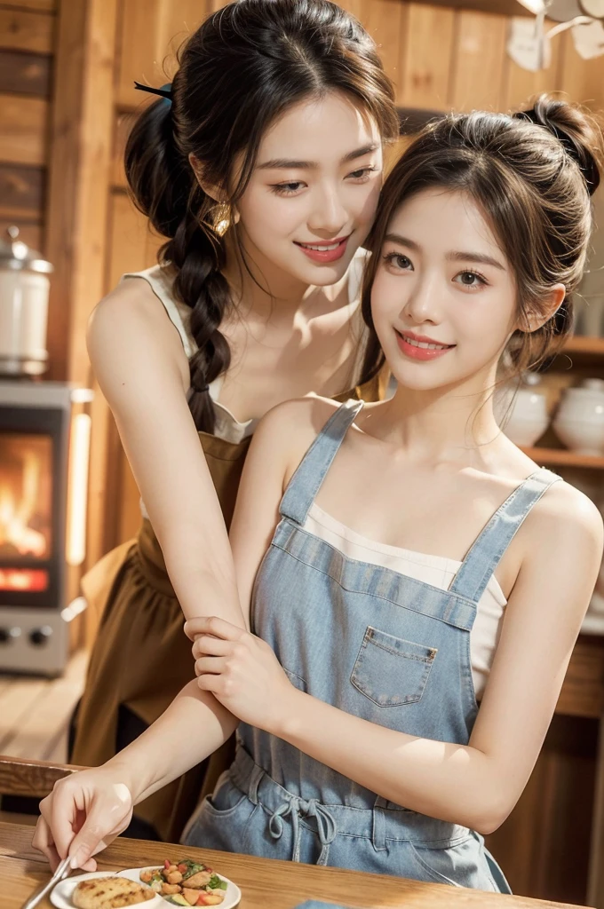 (((best quality))),(((ultra detailed))),(((masterpiece))),illustration,((1 beautiful young girl,solo)),((slim,thin)),((small breasts,flat chest)),(short ponytail:1.2),(laughing:1.2),stunning, radiant complexion, mesmerizing eyes,((sheer apron,bare arms)),frilly, domesticity, playfulness, colorful patches, vegetables, cooking utensils, whimsical,delicate features, gentle smile, perfectly aligned teeth, contentment, warmth, friendliness, vibrant atmosphere, bustling,barbecue restaurant, wooden panels, hanging plants, cozy, earthy feel, scent of sizzling meats, spices, patrons, tables, meals, laughter, lively ambiance, gleaming wooden counter, checkout counter, assortment of bills, receipts, cash register, calm, collected, typing, precision, simplicity, joy, hard work, hospitality, culinary delights,((from front,upper body))