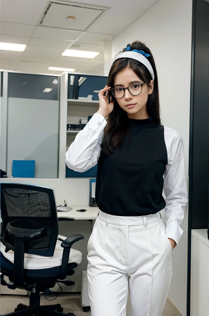  glasses on top of head hair white and black blue office clothes blue office pants 