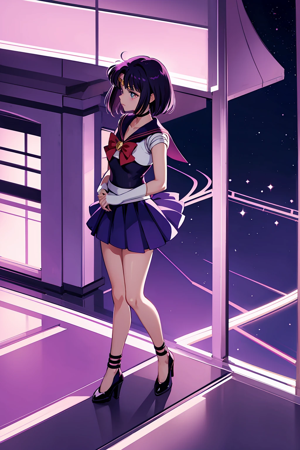 Sailor Saturn (Sailor Moon Anime), standing in a balcony at night, <lora:GoodHands-, <lora:GoodLegs-, UHD, high resolution, (expressive eyes, perfect face, full body, expressive face, perfect body, perfect pussy, athletic, fit, slim body, blushing, Perfect makeup, eyeliner, beautiful eyelashes, smiling, horny face), ((best illumination, best shadows)), ((sexy pose)), brooch, white gloves, choker, skirt, star (symbol), purple footwear, knee boots, star brooch, earrings, sailor collar, bow, cross-laced footwear, pleated skirt, brown bow, gloves, elbow gloves, purple skirt, jewelry, boots, back bow, lace-up boots, magical girl, star choker, purple sailor collar, purple eyes, black hair, short hair, EPsmSailorSaturn, sailor_saturn, sailor senshi uniform, tiara, sailor saturn