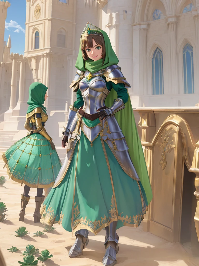 masterpiece, best quality:1.2), 1girl, smile, looking at viewer, green eyes, short brown hair, princess, armor, blue hijab headscarf, pauldrons, armored dress, green cloak cape, wearing puffy blue ballgown skirt, golden tiara with green gem, armored boots, fingerless gloves, standing in front of desert castle