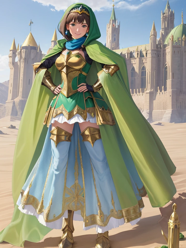 masterpiece, best quality:1.2), 1girl, smile, looking at viewer, green eyes, short brown hair, princess, armor, blue hijab headscarf, pauldrons, armored dress, green cloak cape, wearing puffy blue ballgown skirt, golden tiara with green gem, armored boots, fingerless gloves, standing in front of desert castle
